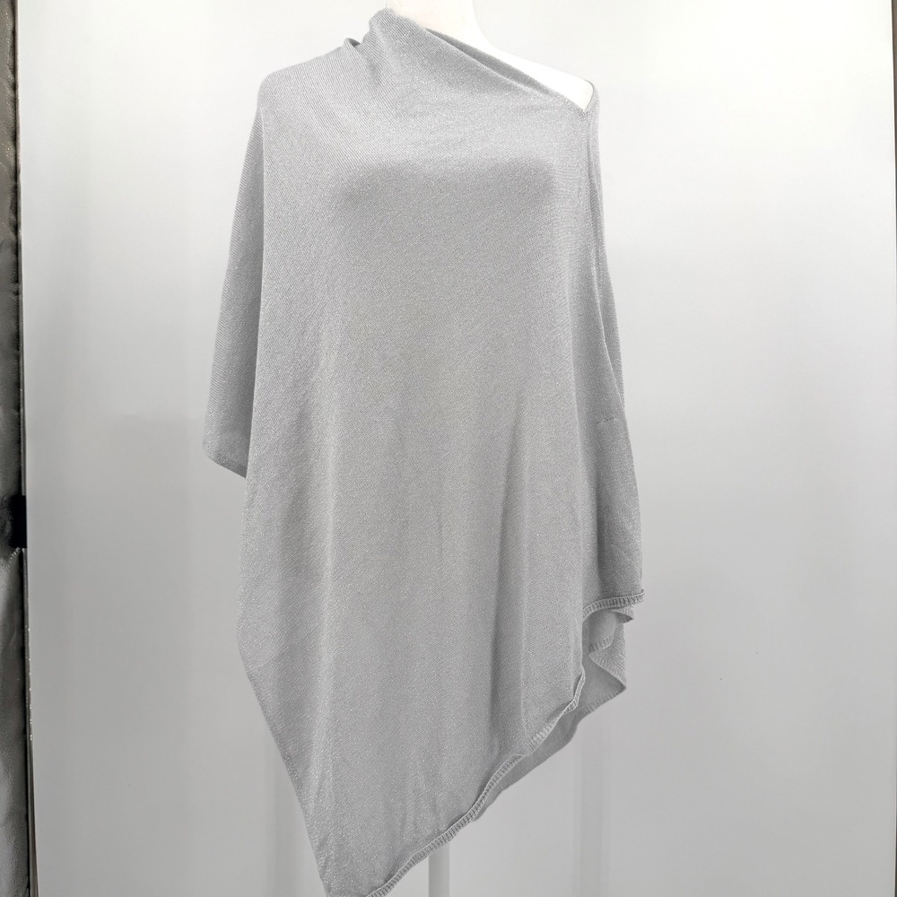 Lexi York Silver Metallic Bamboo Knit Asymmetrical Draped Poncho Wrap One Size